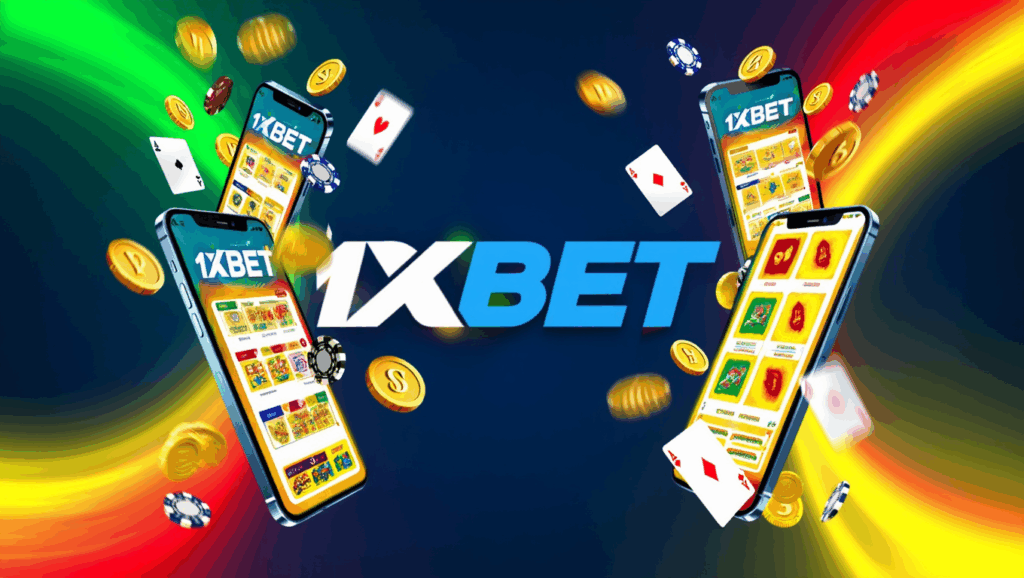 Mobile slot machines on 1xBet surrounded by golden coins