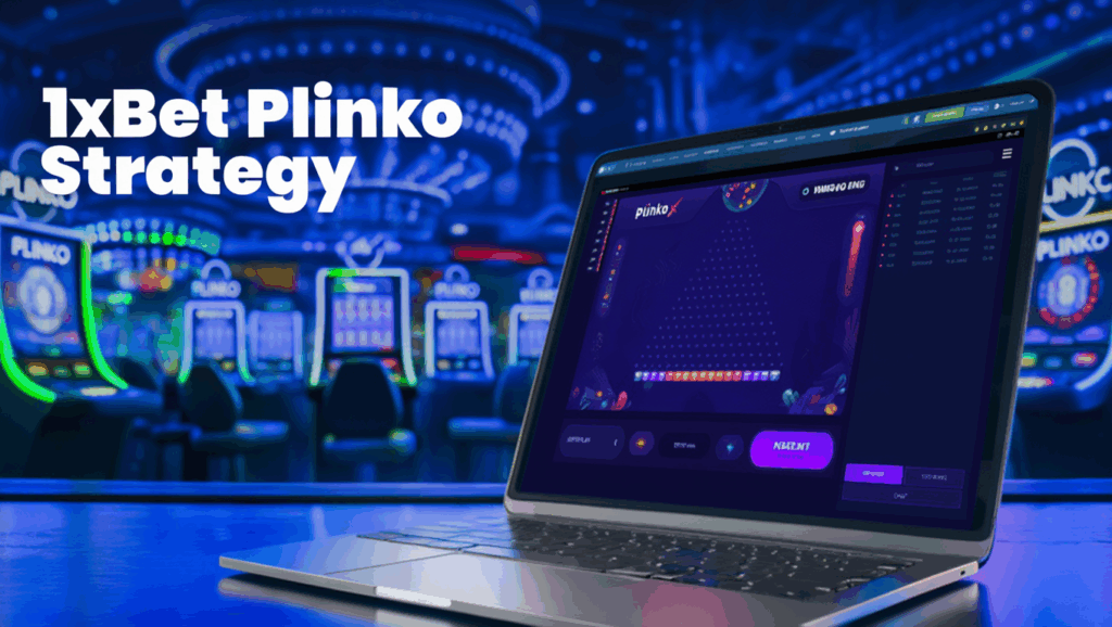 Laptop with 1xBet Plinko strategy view placed in front of slot machines 